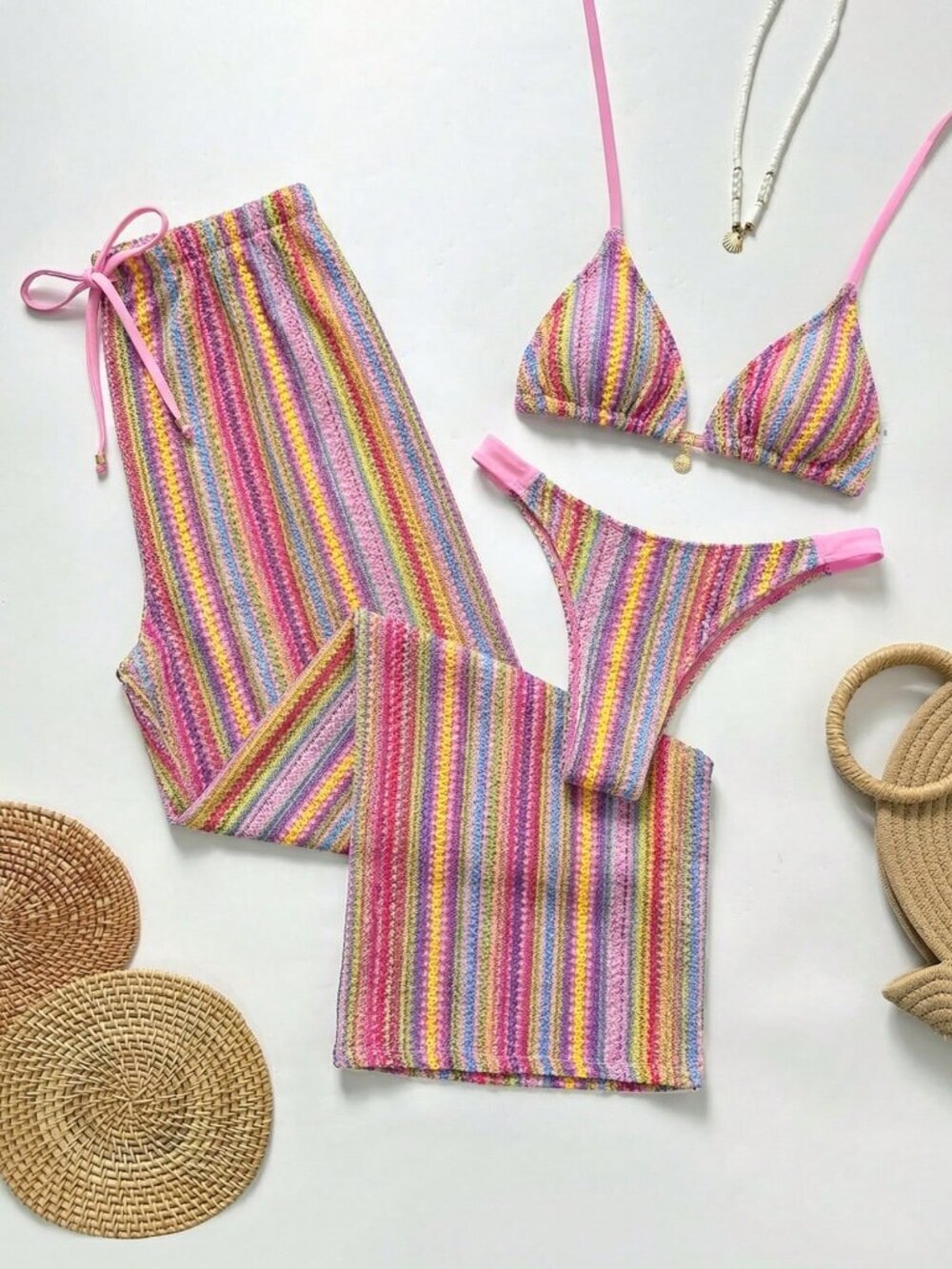 Multicolor Beach Women's Tie-Neck Patchwork Bikini Top & Triangle Bottom Set